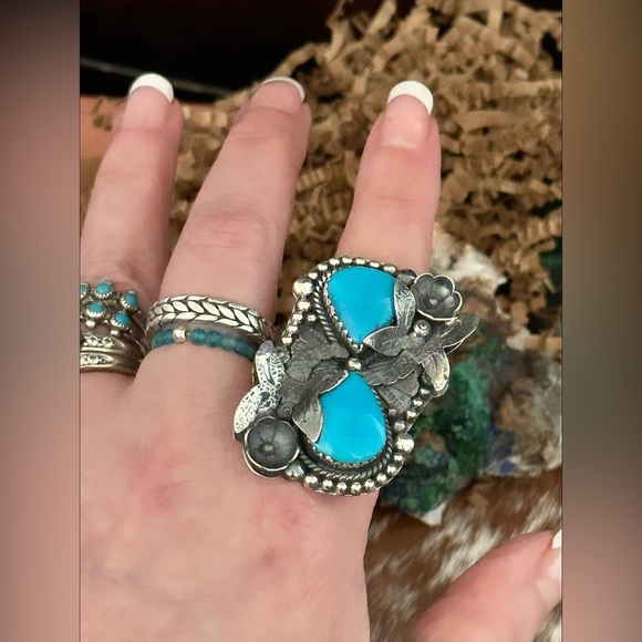 Sleeping beauty turquoise dragonfly statement sterling silver ring - Picture 10 of 15